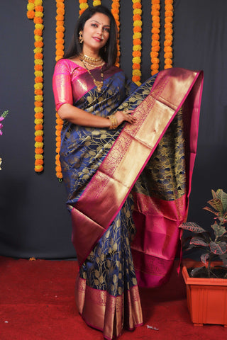 Jyoti Fashion Women's Navy Blue Kanchipuram Silk Zari Woven Saree with Blouse - Distacart