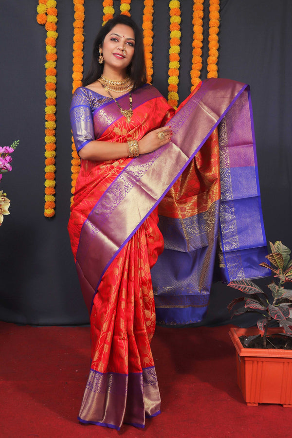 Jyoti Fashion Women's Red Kanchipuram Silk Zari Woven Saree with Blouse - Distacart