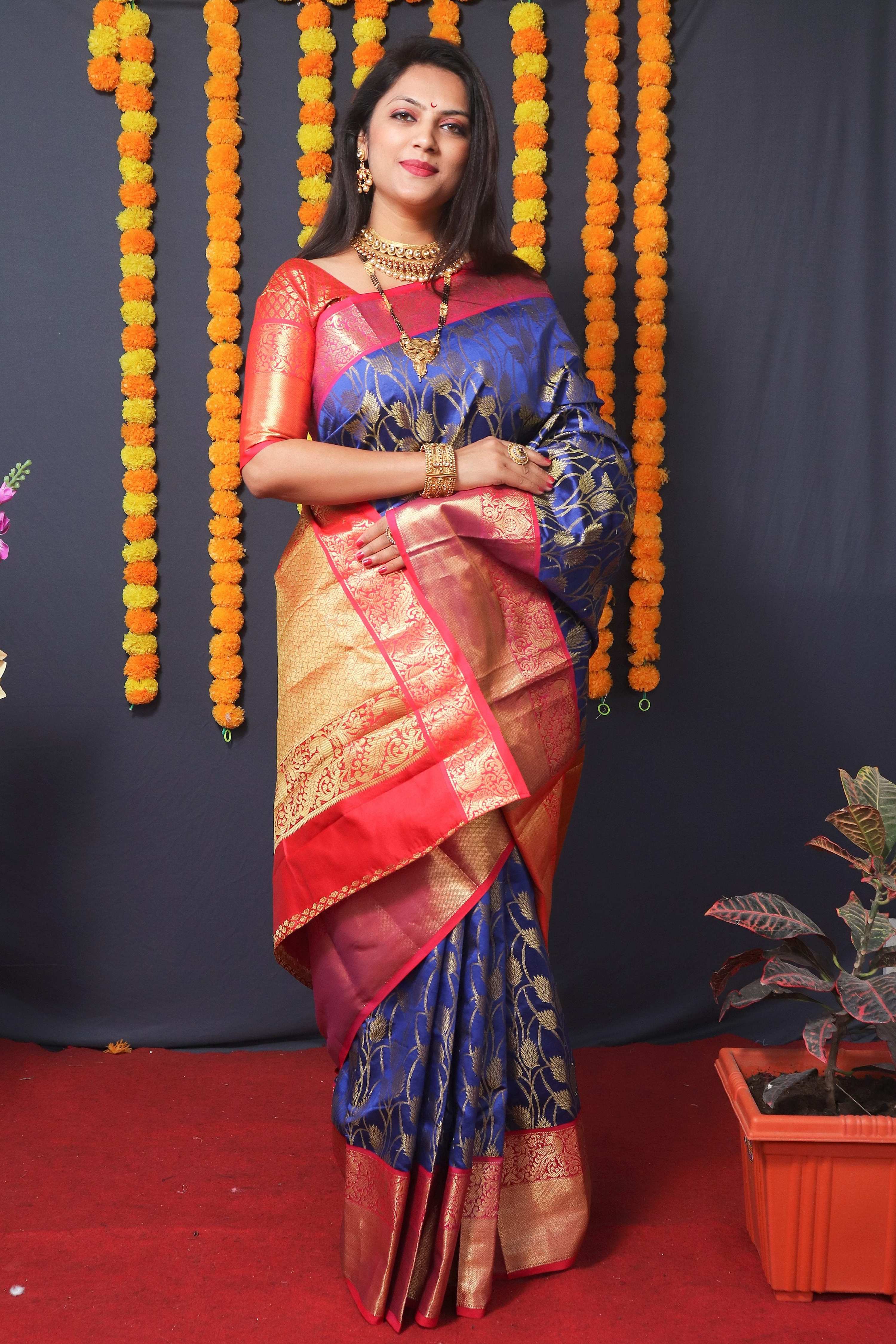 Jyoti Fashion Women's Blue Kanchipuram Silk Zari Woven Saree with Blouse - Distacart