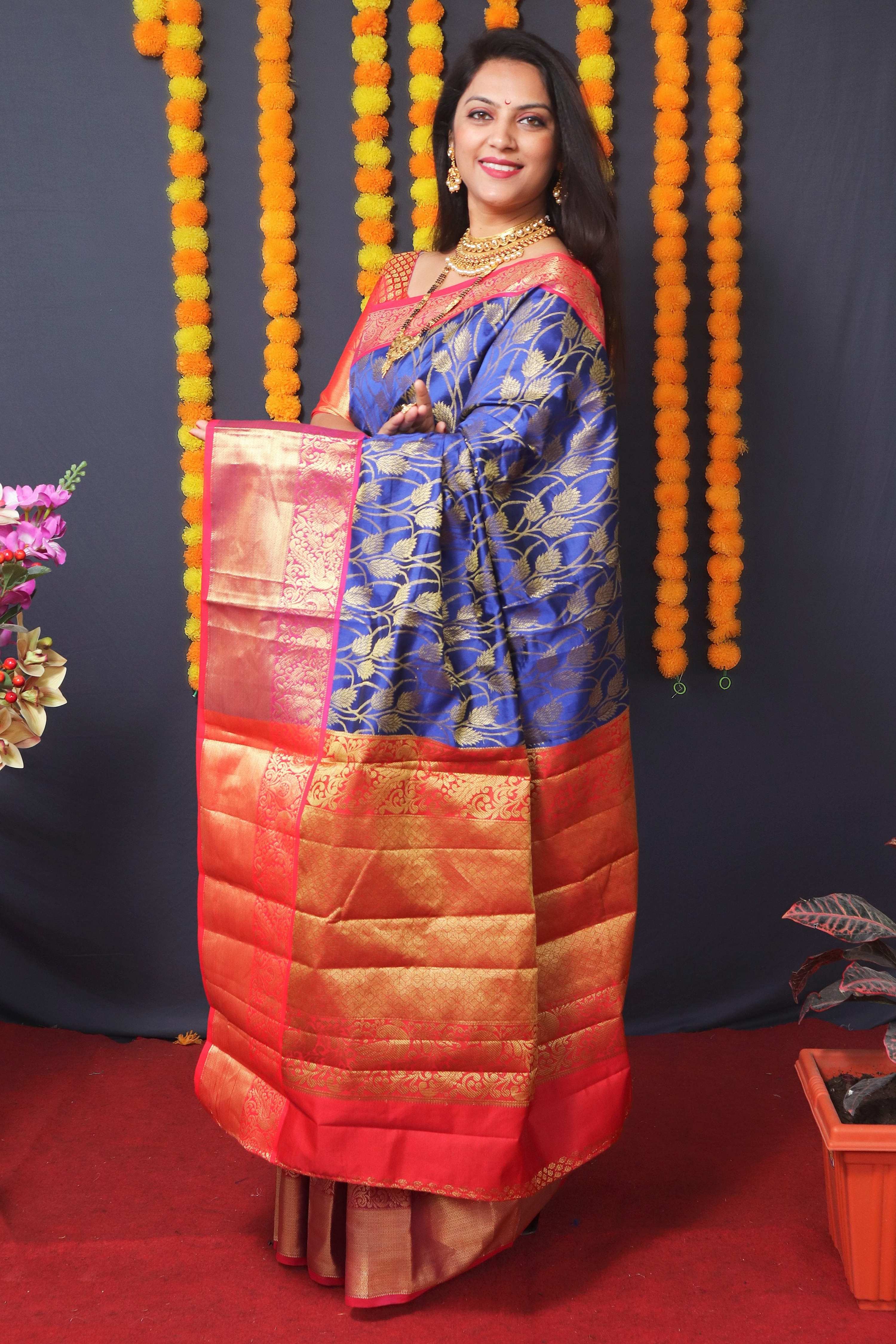Jyoti Fashion Women's Blue Kanchipuram Silk Zari Woven Saree with Blouse - Distacart