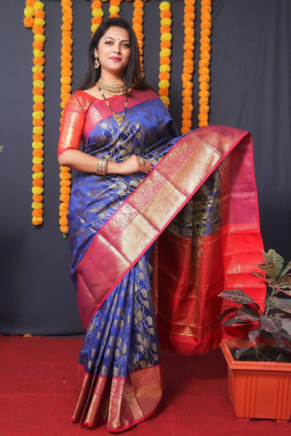 Jyoti Fashion Women's Blue Kanchipuram Silk Zari Woven Saree with Blouse - Distacart