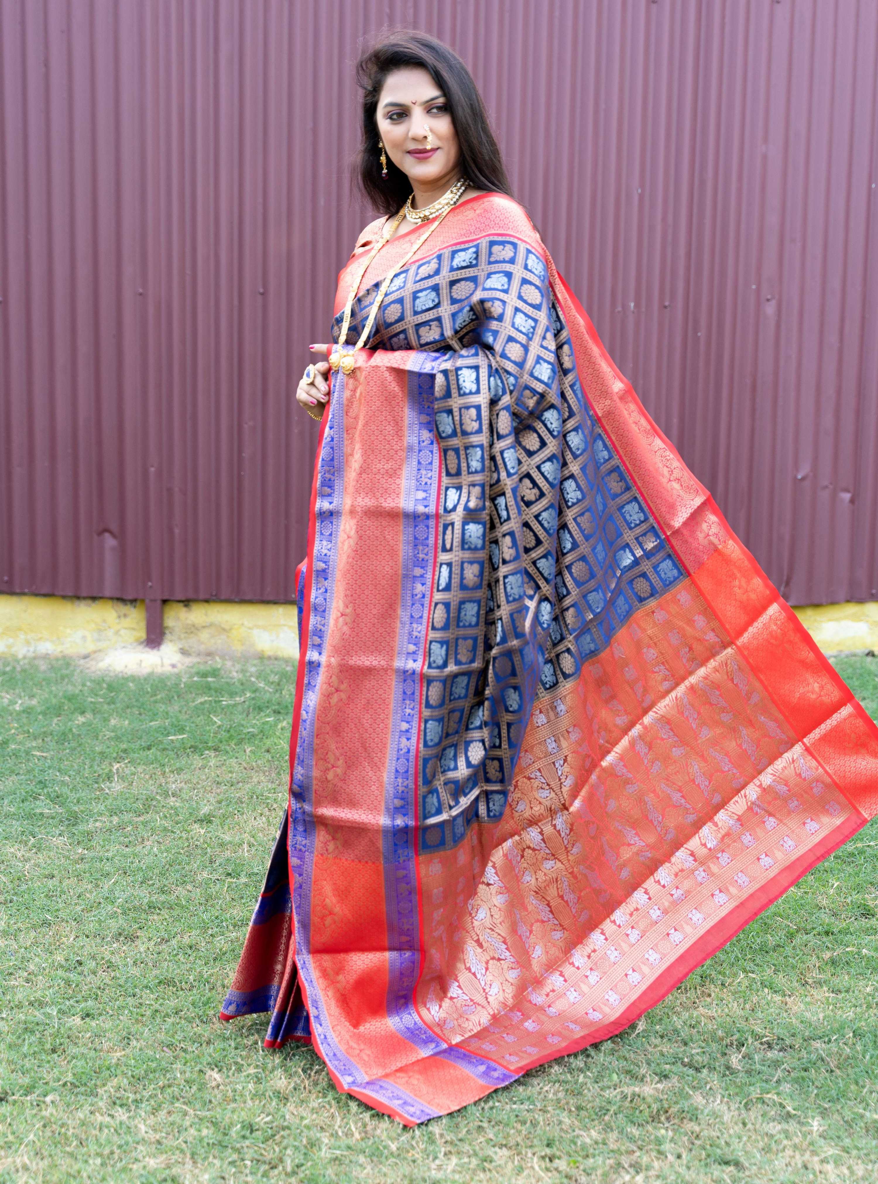 Jyoti Fashion Women's Blue Kanchipuram Silk Zari Woven Saree with Blouse - Distacart