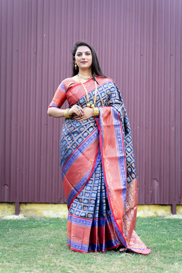 Jyoti Fashion Women's Blue Kanchipuram Silk Zari Woven Saree with Blouse - Distacart