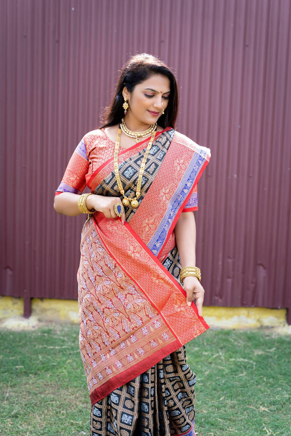 Jyoti Fashion Women's Black Kanchipuram Silk Zari Woven Saree with Blouse - Distacart