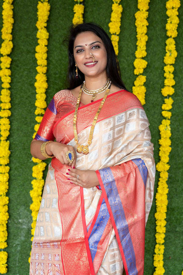 Jyoti Fashion Women's Off White Kanchipuram Silk Zari Woven Saree with Blouse - Distacart