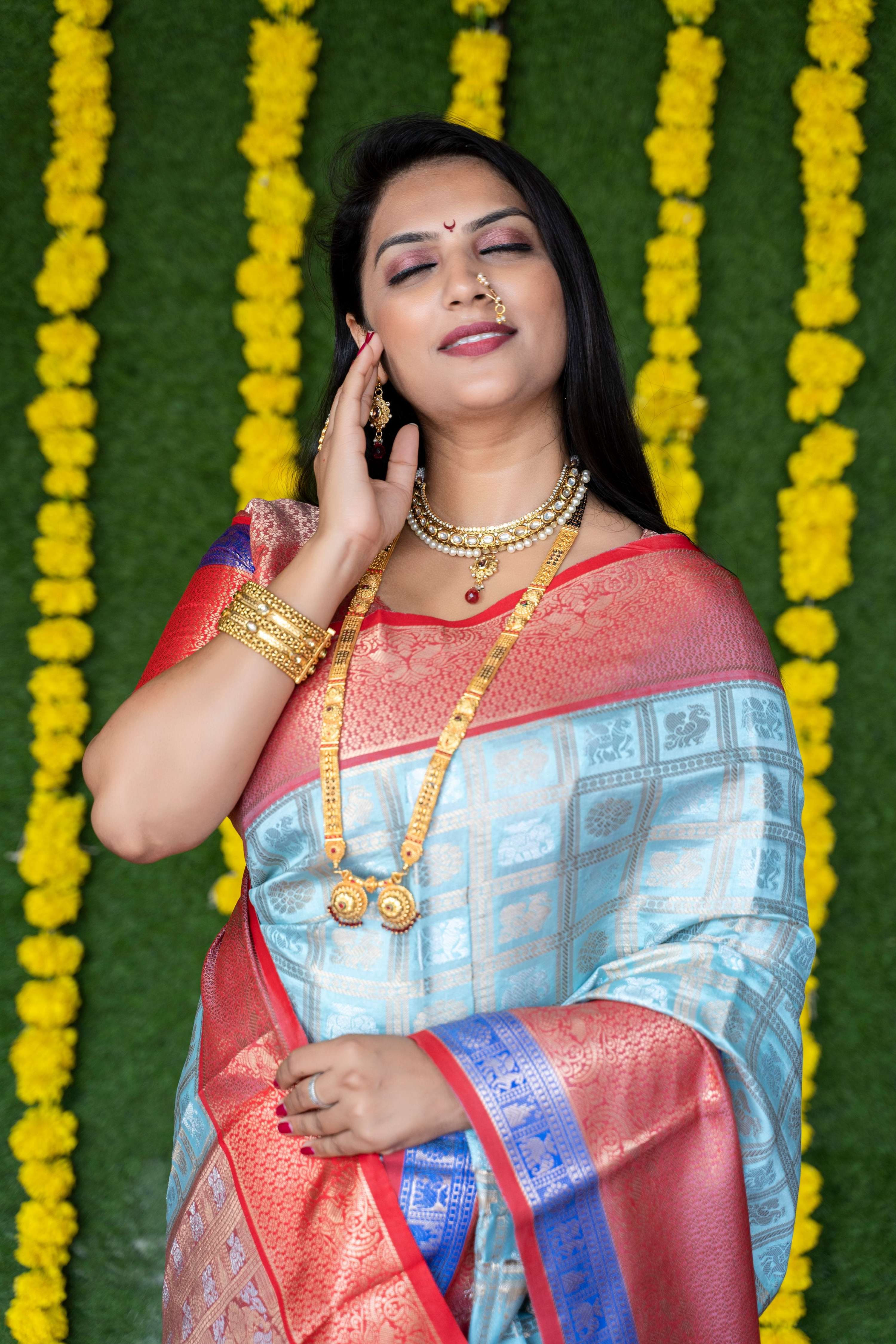 Jyoti Fashion Women's Sky Blue Kanchipuram Silk Zari Woven Saree with Blouse - Distacart