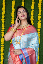 Thumbnail for Jyoti Fashion Women's Sky Blue Kanchipuram Silk Zari Woven Saree with Blouse - Distacart