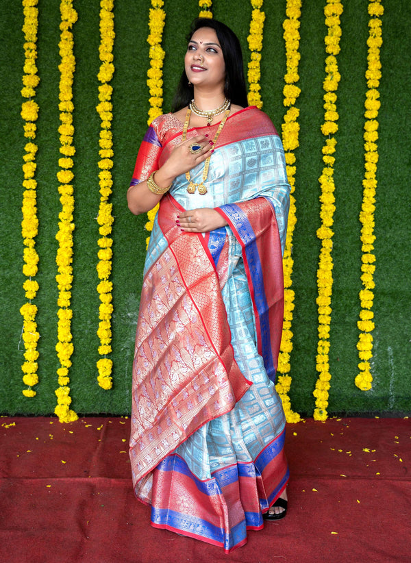 Jyoti Fashion Women's Sky Blue Kanchipuram Silk Zari Woven Saree with Blouse - Distacart