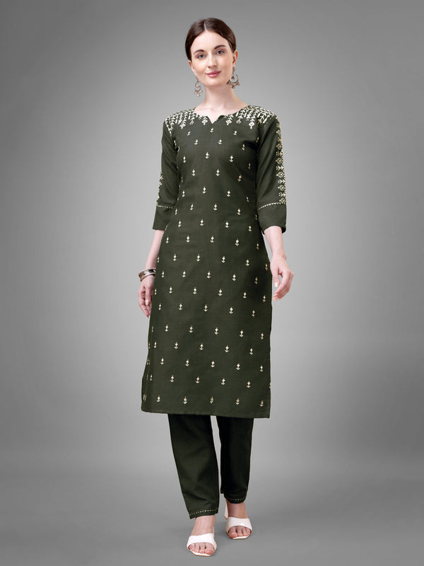Jyoti Fashion Women's Dark Green Cotton Blend Sequins with Embroidered Kurta Set - Distacart