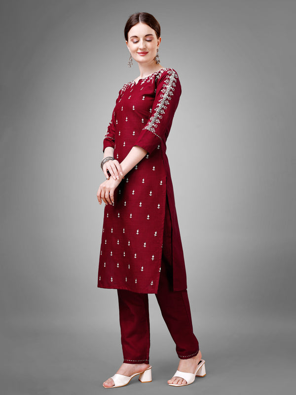 Jyoti Fashion Women's Maroon Cotton Blend Sequins with Embroidered Kurta Set - Distacart