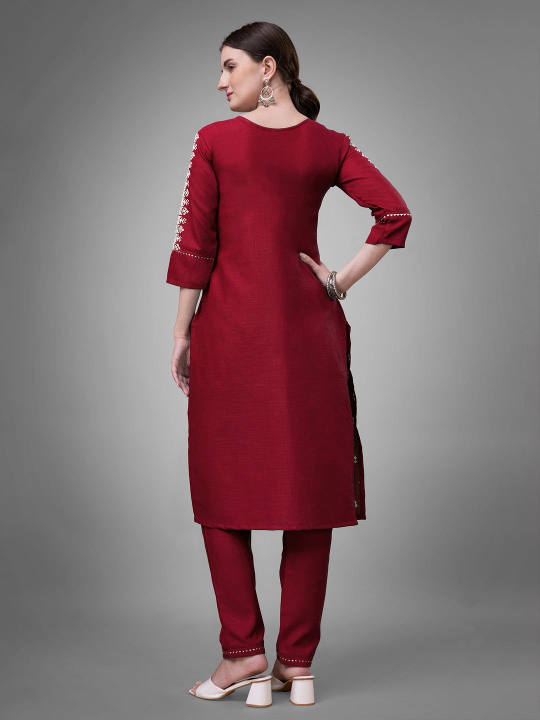 Jyoti Fashion Women's Maroon Cotton Blend Sequins with Embroidered Kurta Set - Distacart