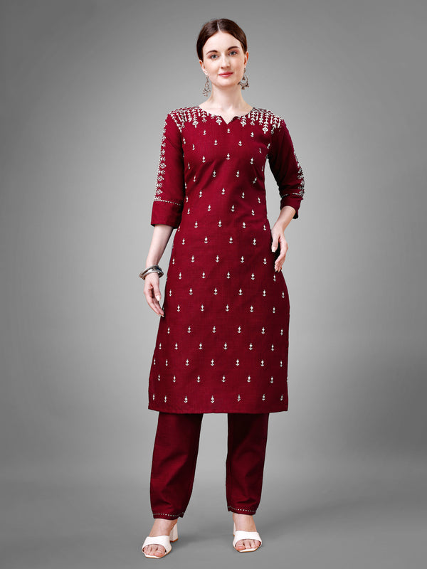 Jyoti Fashion Women's Maroon Cotton Blend Sequins with Embroidered Kurta Set - Distacart