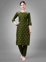 Thumbnail for Jyoti Fashion Women's Mehendi Cotton Blend Sequins with Embroidered Kurta Set - Distacart