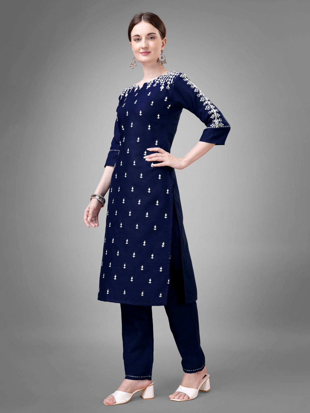 Jyoti Fashion Women's Navy Blue Cotton Blend Sequins with Embroidered Kurta Set - Distacart