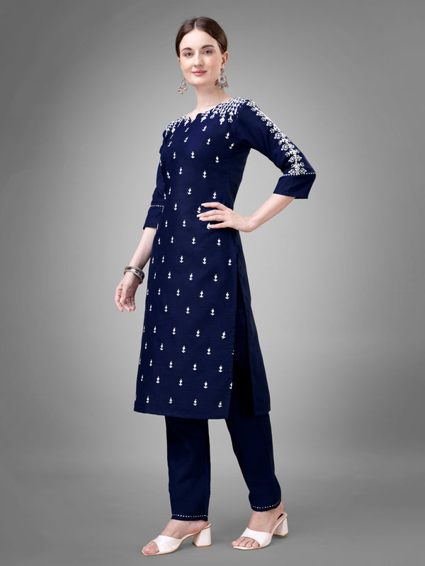 Jyoti Fashion Women's Navy Blue Cotton Blend Sequins with Embroidered Kurta Set - Distacart