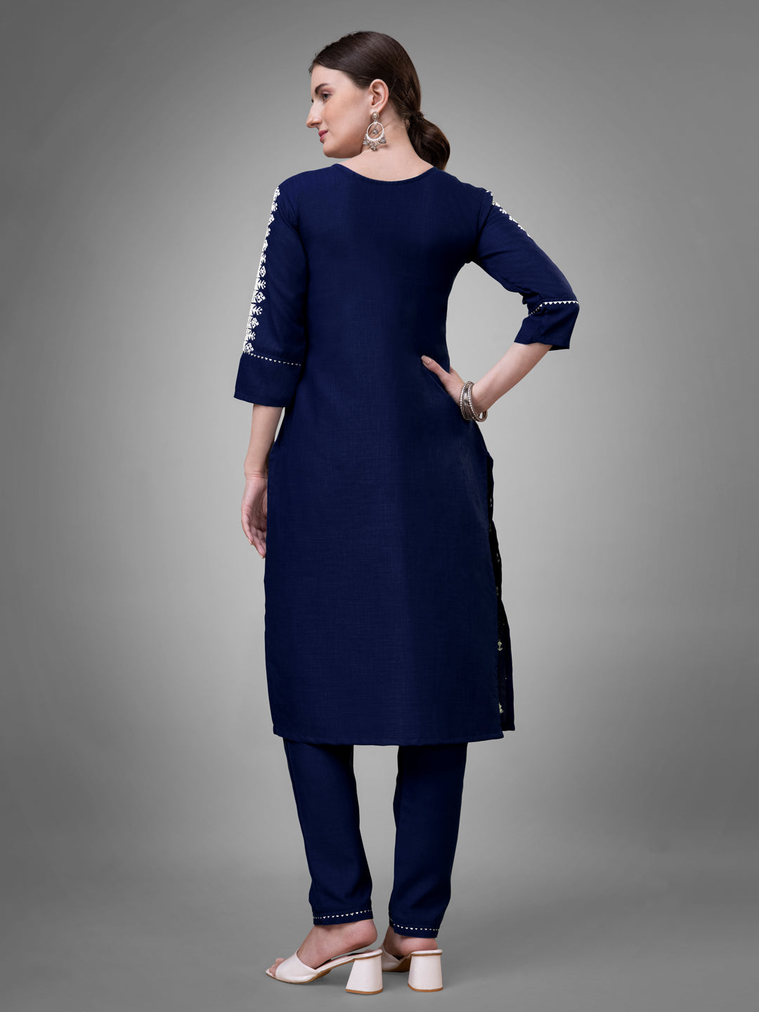 Jyoti Fashion Women's Navy Blue Cotton Blend Sequins with Embroidered Kurta Set - Distacart
