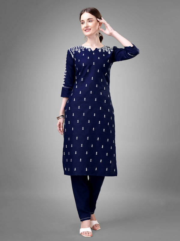 Jyoti Fashion Women's Navy Blue Cotton Blend Sequins with Embroidered Kurta Set - Distacart