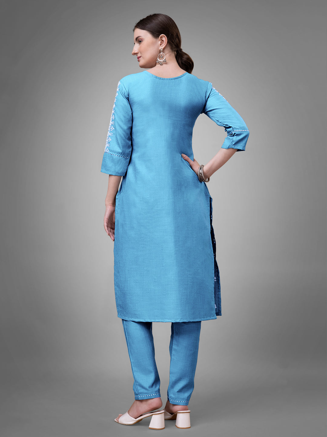 Jyoti Fashion Women's Sky Blue Cotton Blend Sequins with Embroidered Kurta Set - Distacart