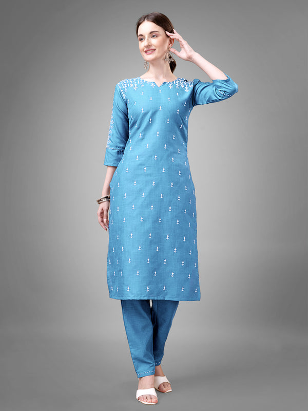 Jyoti Fashion Women's Sky Blue Cotton Blend Sequins with Embroidered Kurta Set - Distacart