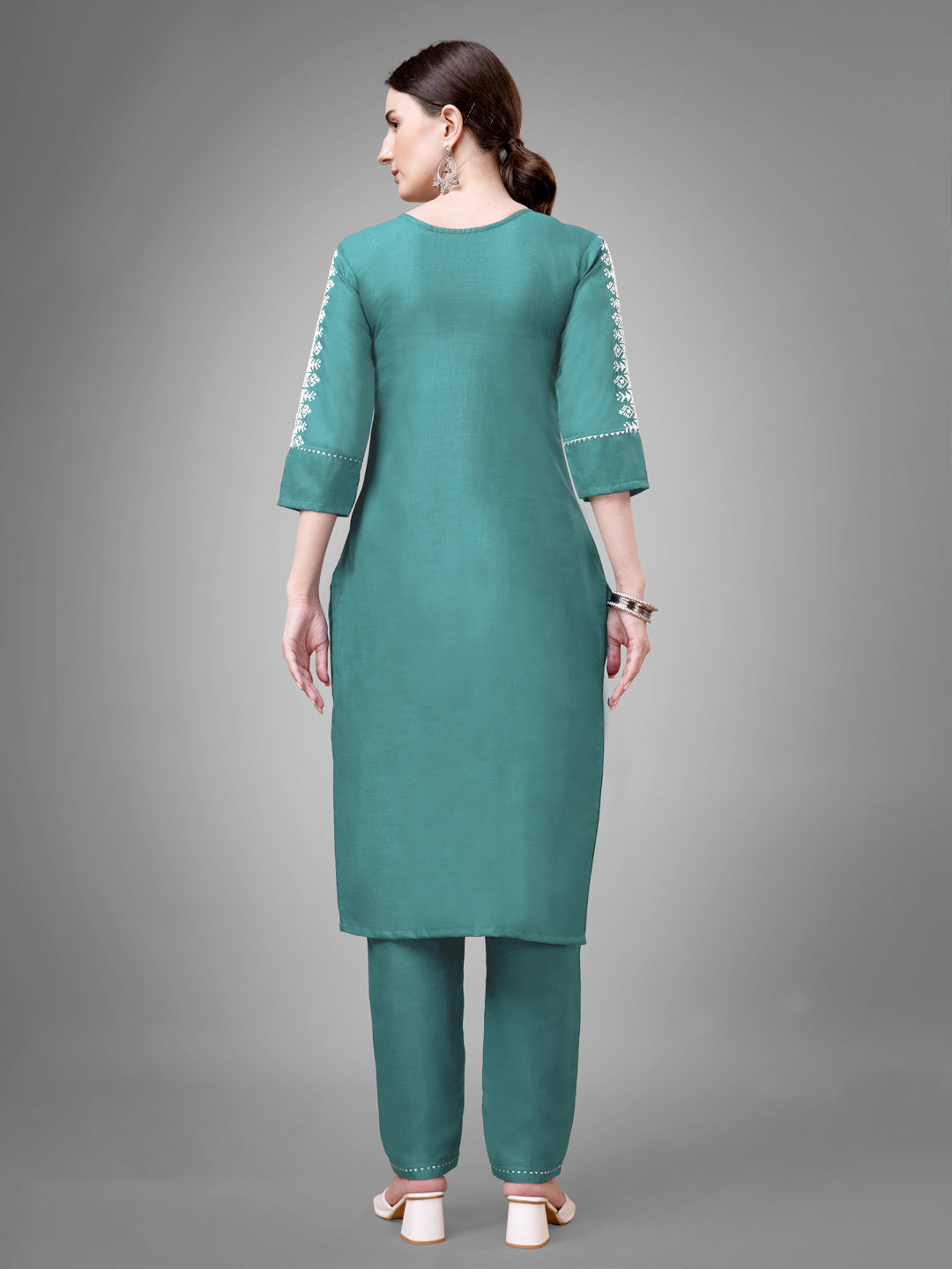 Jyoti Fashion Women's Teal Cotton Blend Sequins with Embroidered Kurta Set - Distacart