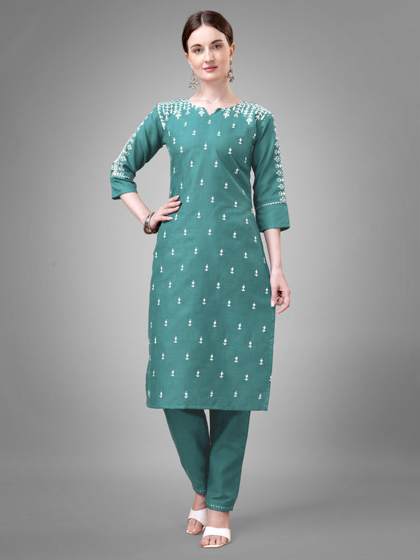 Jyoti Fashion Women's Teal Cotton Blend Sequins with Embroidered Kurta Set - Distacart