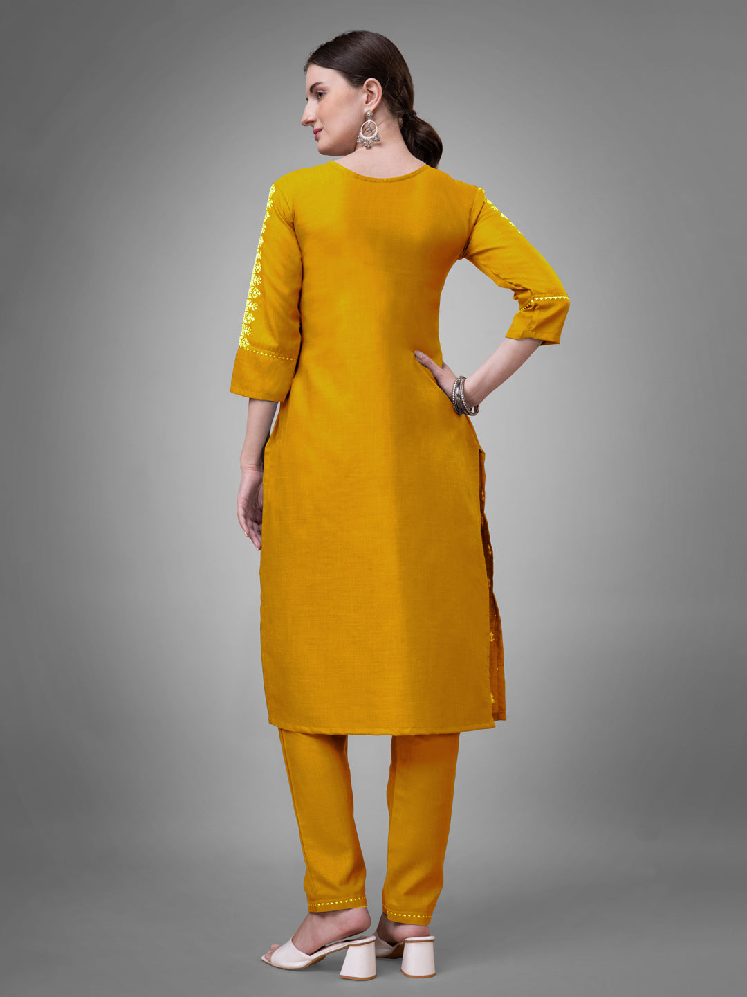 Jyoti Fashion Women's Yellow Cotton Blend Sequins with Embroidered Kurta Set - Distacart