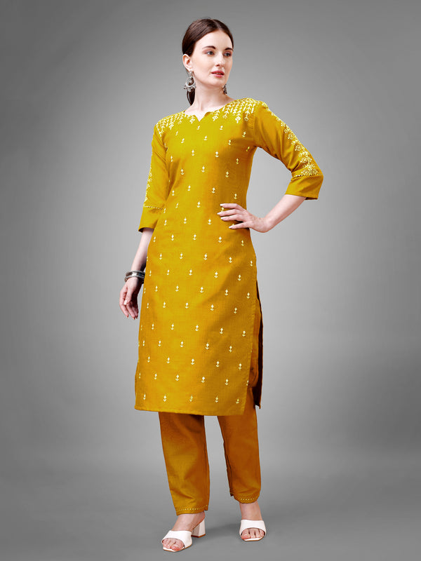 Jyoti Fashion Women's Yellow Cotton Blend Sequins with Embroidered Kurta Set - Distacart