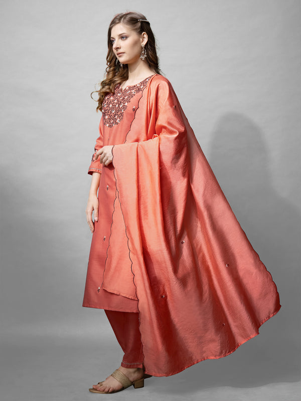 Jyoti Fashion Women's Coral Cotton Blend Embroidered Kurta Set - Distacart