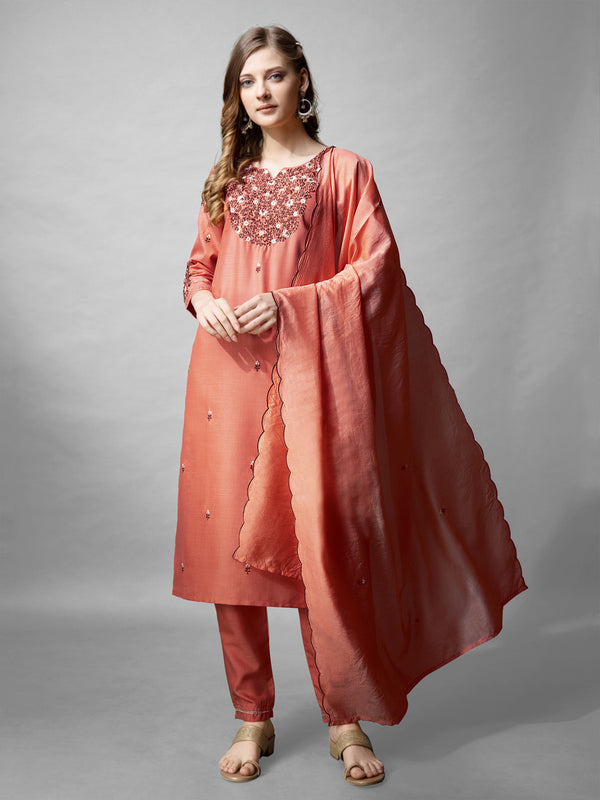 Jyoti Fashion Women's Coral Cotton Blend Embroidered Kurta Set - Distacart