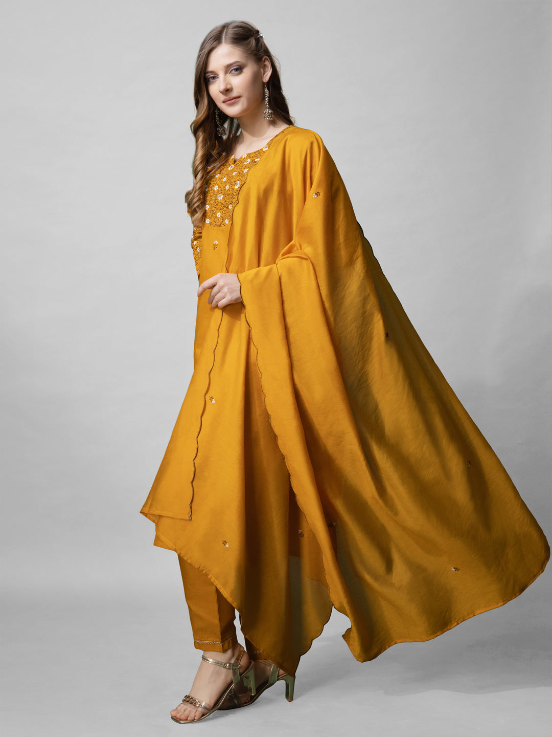 Jyoti Fashion Women's Mustard Cotton Blend Embroidered Kurta Set - Distacart