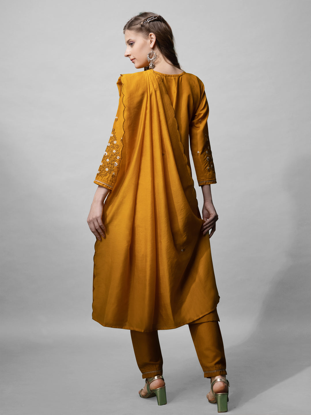 Jyoti Fashion Women's Mustard Cotton Blend Embroidered Kurta Set - Distacart
