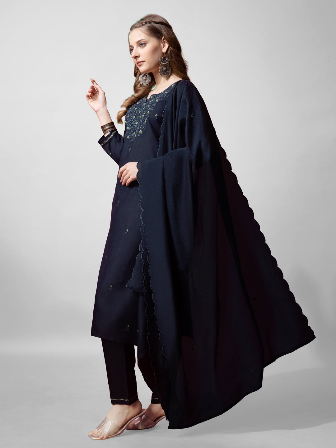 Jyoti Fashion Women's Navy Blue Cotton Blend Embroidered Kurta Set - Distacart