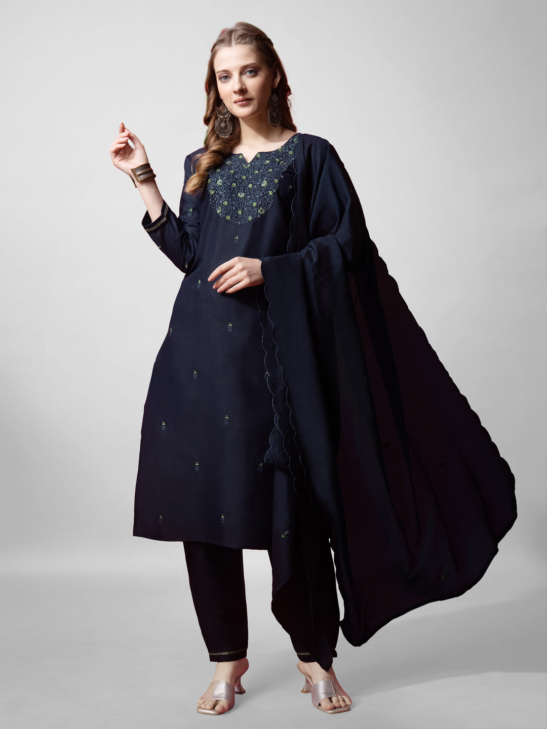 Jyoti Fashion Women's Navy Blue Cotton Blend Embroidered Kurta Set - Distacart
