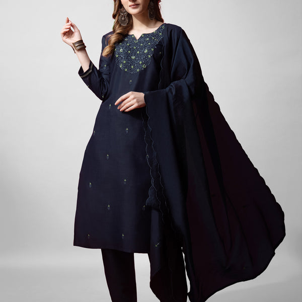 Jyoti Fashion Women's Navy Blue Cotton Blend Embroidered Kurta Set - Distacart