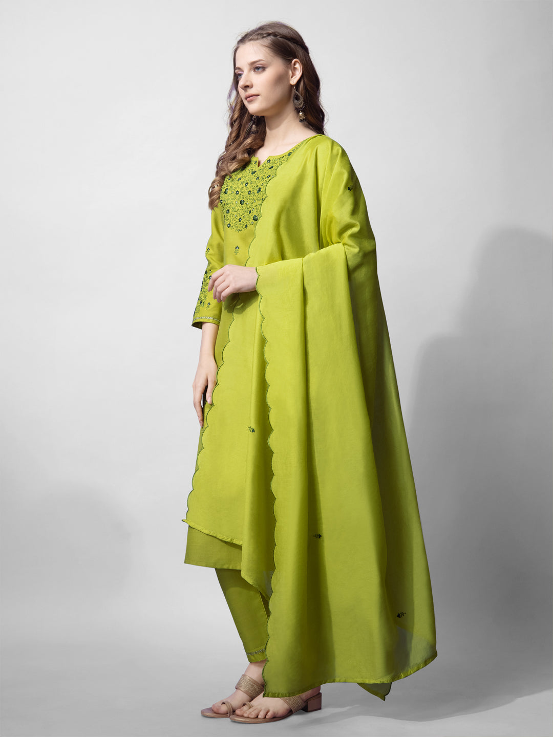 Jyoti Fashion Women's Parrot Green Cotton Blend Embroidered Kurta Set - Distacart