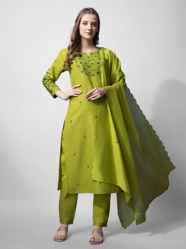 Jyoti Fashion Women's Parrot Green Cotton Blend Embroidered Kurta Set - Distacart