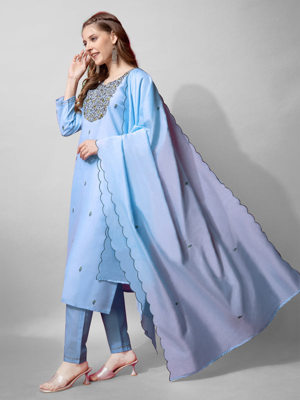 Jyoti Fashion Women's Sky Blue Cotton Blend Embroidered Kurta Set - Distacart