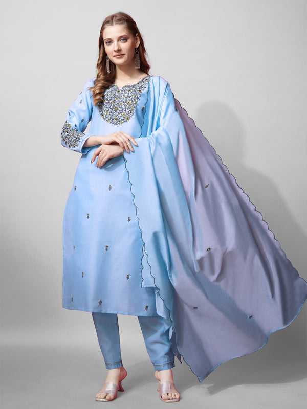 Jyoti Fashion Women's Sky Blue Cotton Blend Embroidered Kurta Set - Distacart