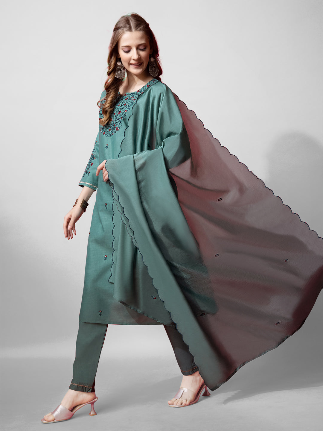 Jyoti Fashion Women's Teal Cotton Blend Embroidered Kurta Set - Distacart