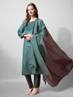 Thumbnail for Jyoti Fashion Women's Teal Cotton Blend Embroidered Kurta Set - Distacart