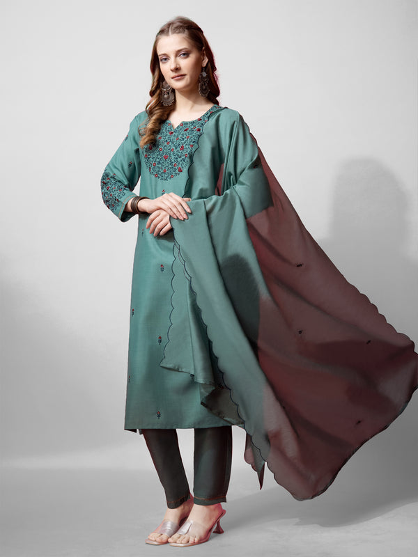 Jyoti Fashion Women's Teal Cotton Blend Embroidered Kurta Set - Distacart