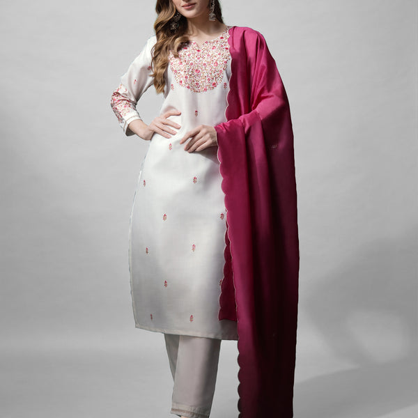 Jyoti Fashion Women's White Cotton Blend Embroidered Kurta Set - Distacart