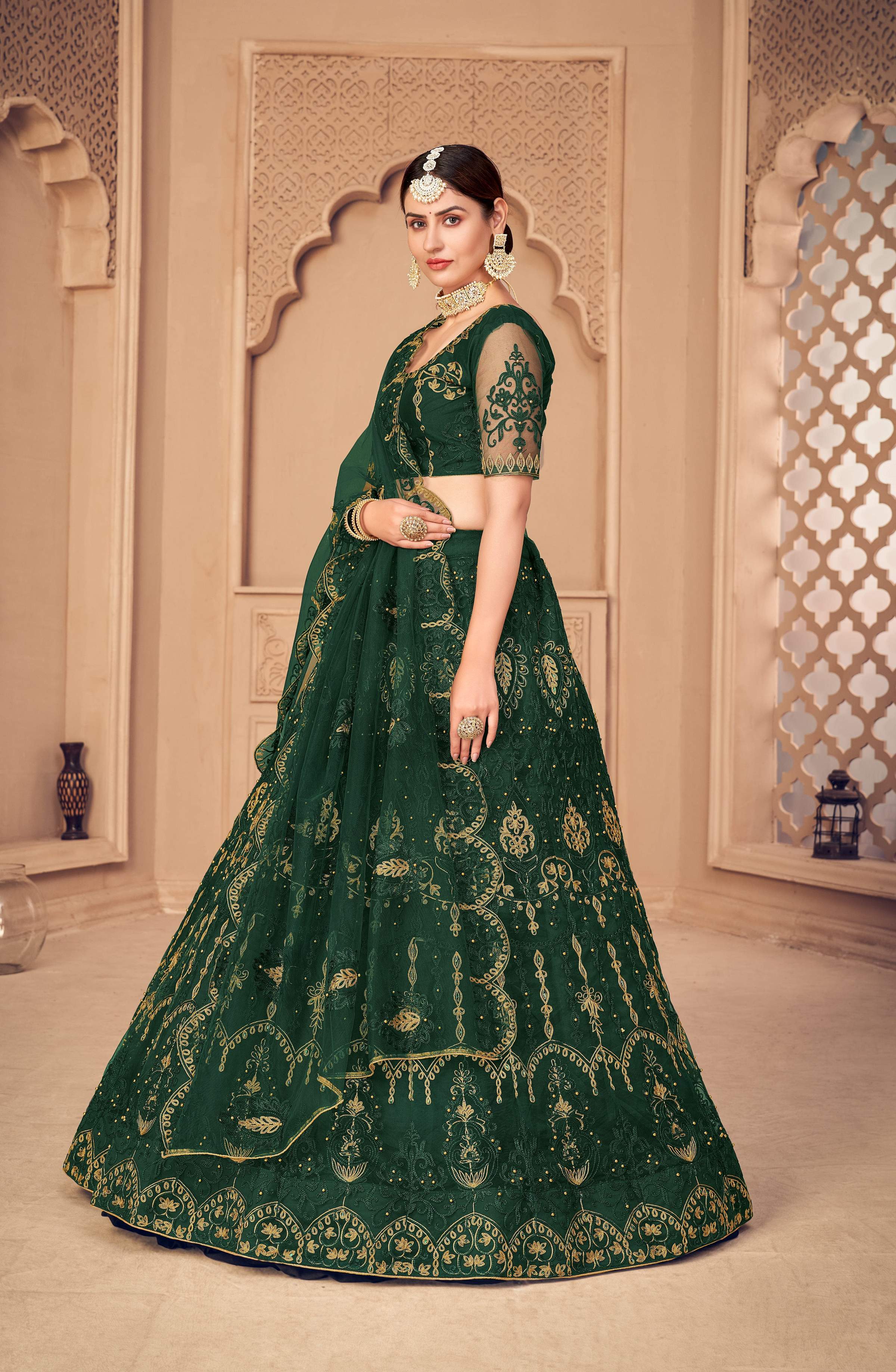 Jyoti Fashion Women's Dark Green Net Thread Embroidered Designer Lehenga Choli Set - Distacart
