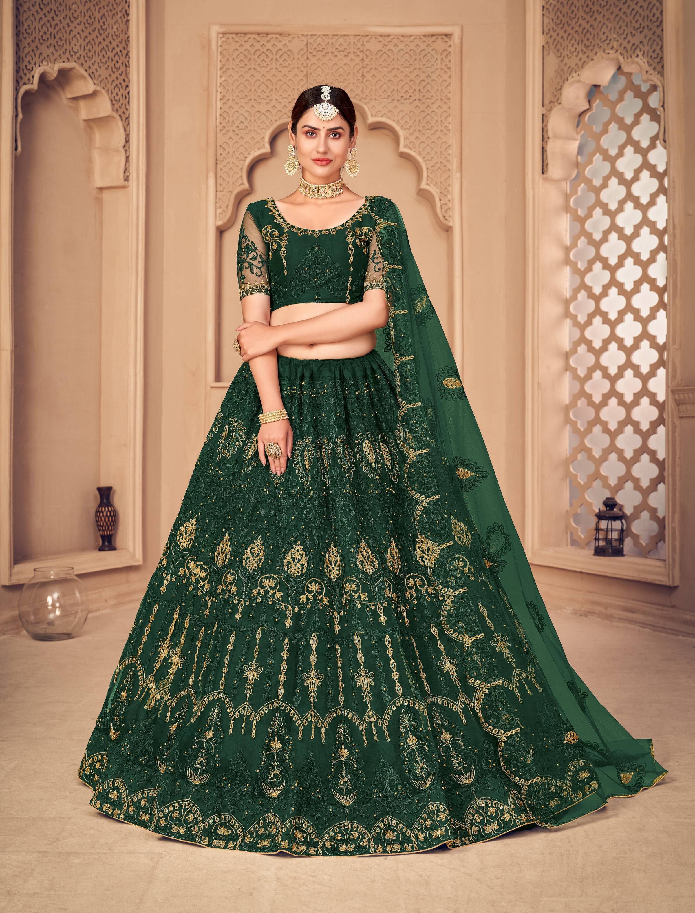 Jyoti Fashion Women's Dark Green Net Thread Embroidered Designer Lehenga Choli Set - Distacart