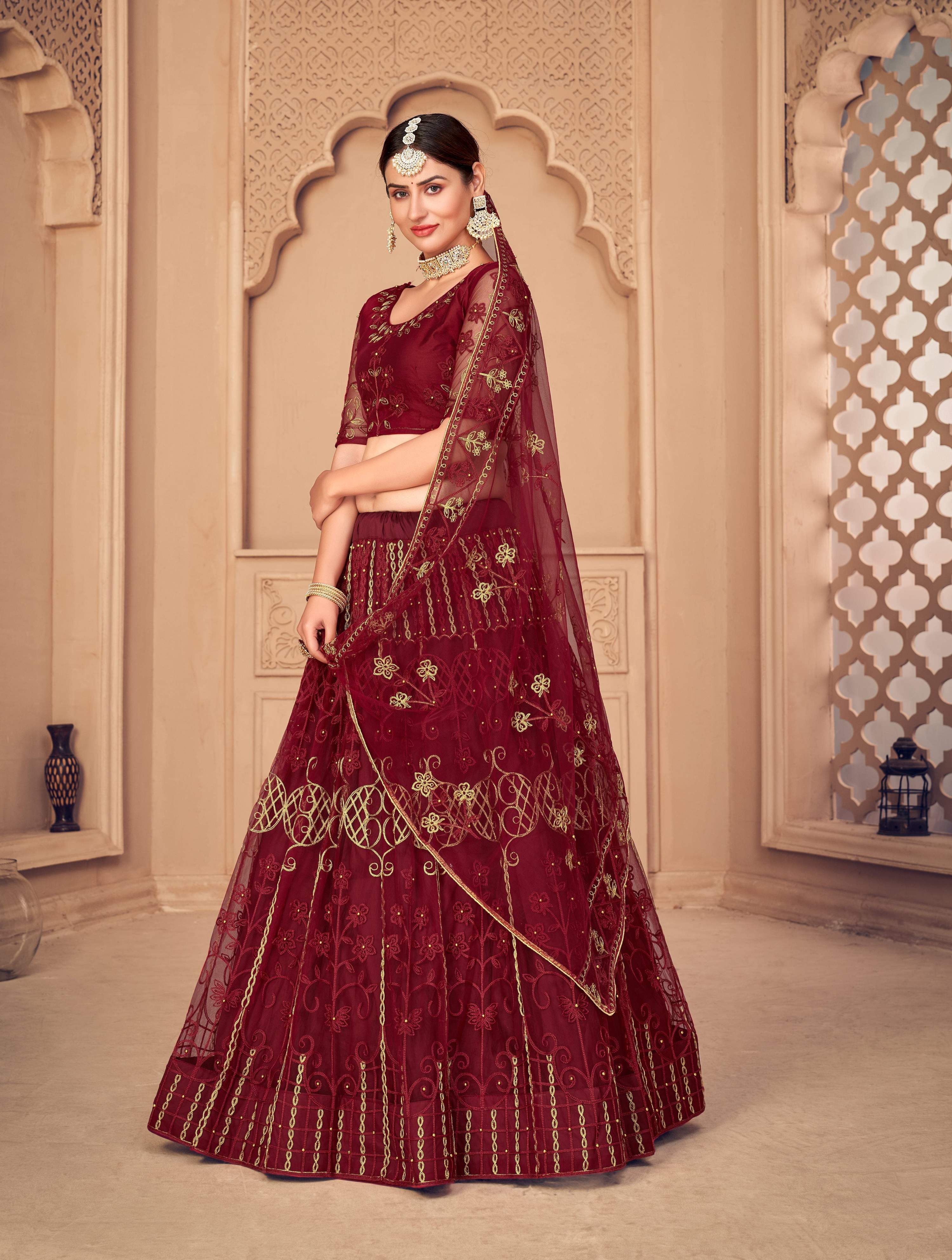 Jyoti Fashion Women's Maroon Net Thread Embroidered Designer Lehenga Choli Set - Distacart