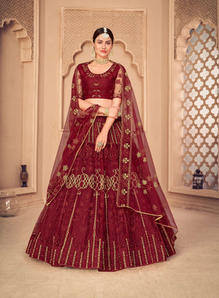 Jyoti Fashion Women's Maroon Net Thread Embroidered Designer Lehenga Choli Set - Distacart