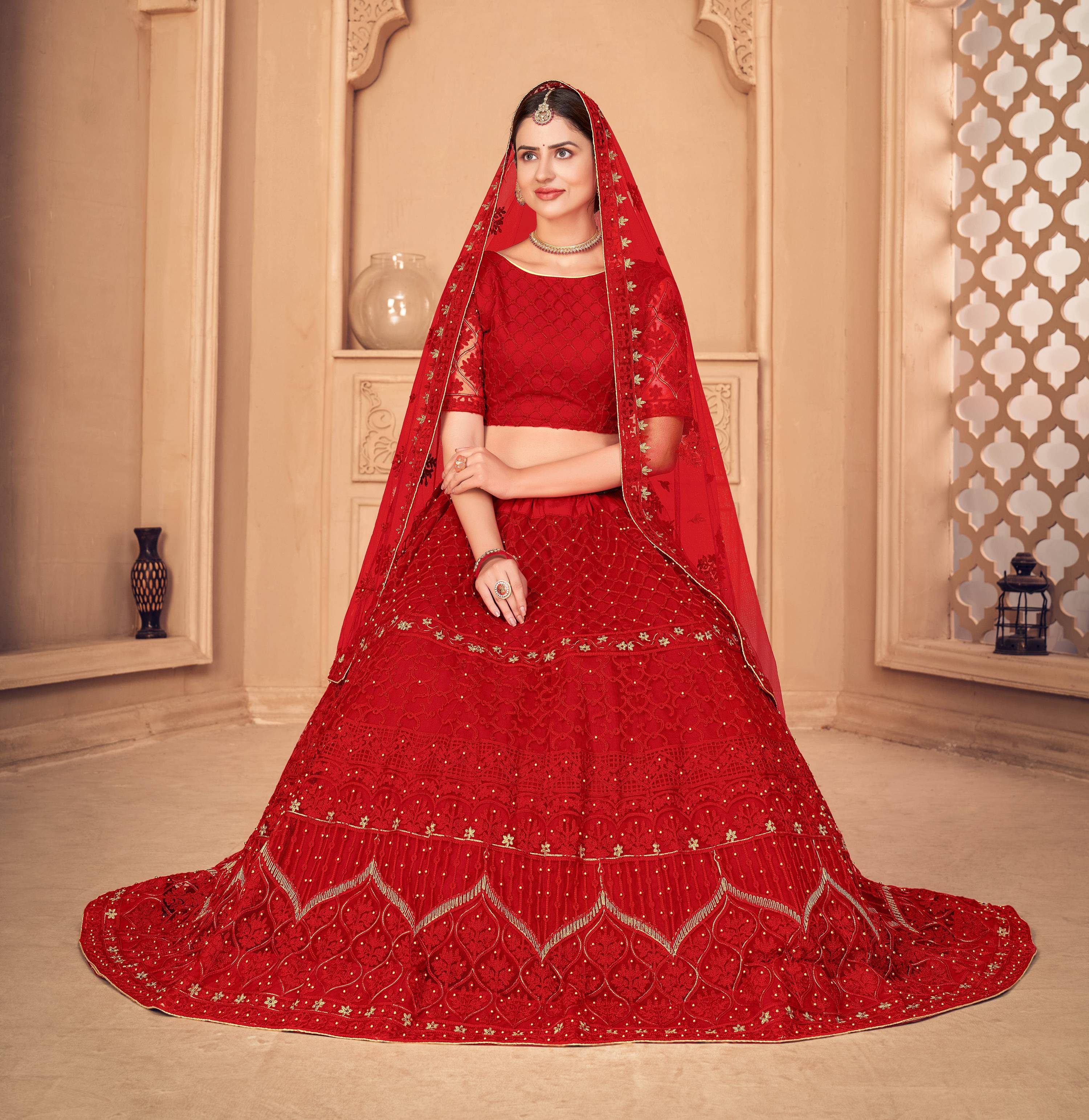 Jyoti Fashion Women's Red Net Thread Embroidered Designer Lehenga Choli Set - Distacart