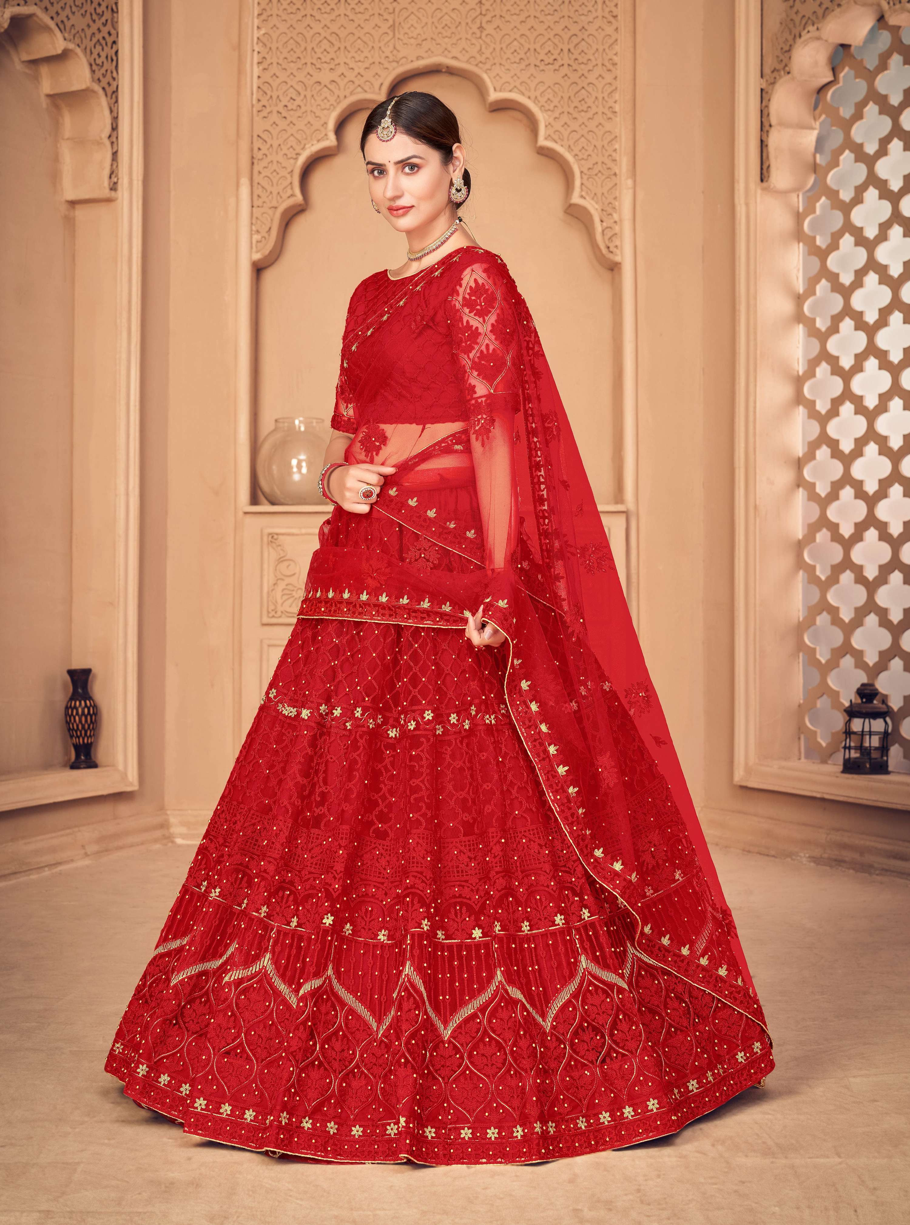 Jyoti Fashion Women's Red Net Thread Embroidered Designer Lehenga Choli Set - Distacart