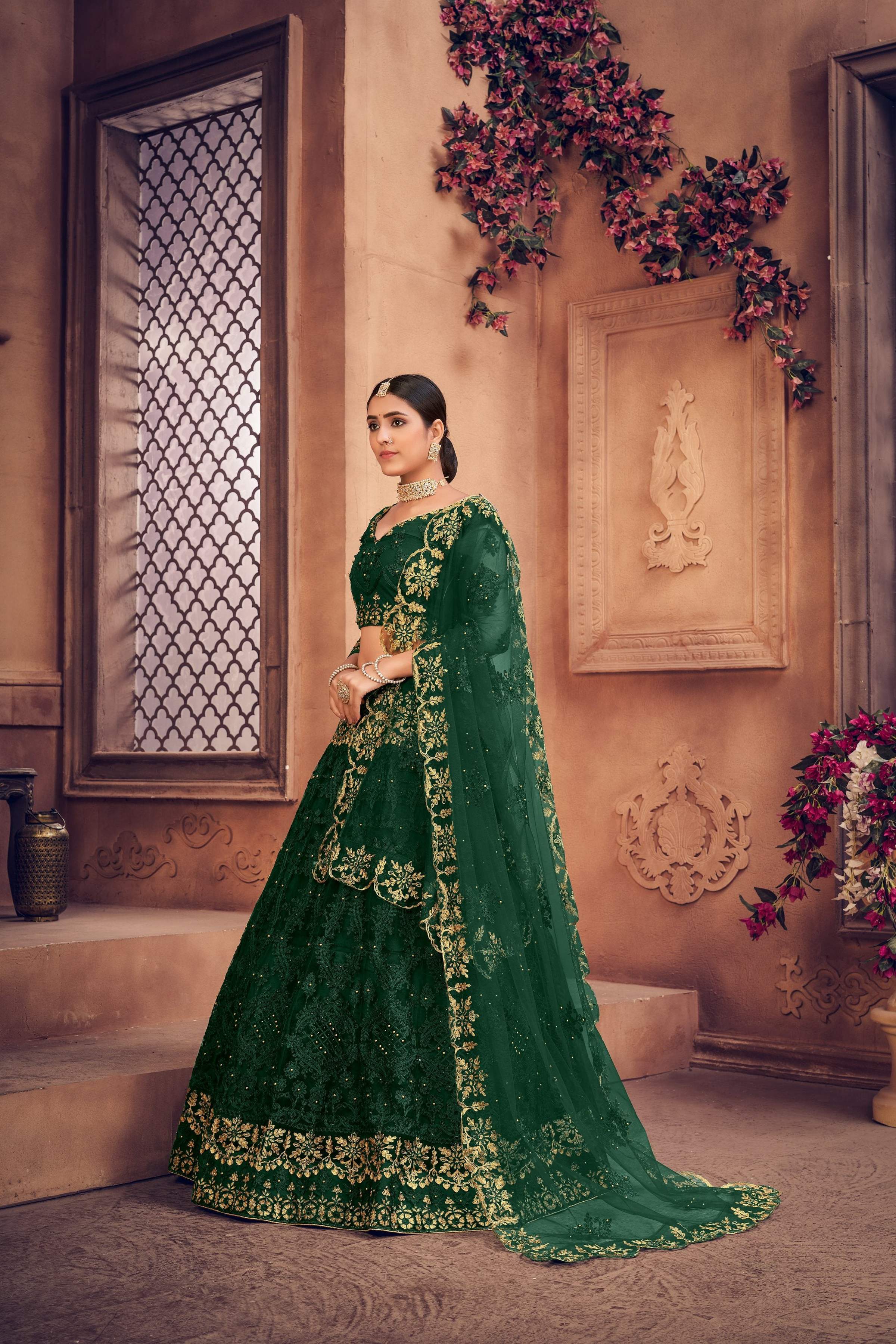 Jyoti Fashion Women's Dark Green Net Thread Embroidered Designer Lehenga Choli Set - Distacart