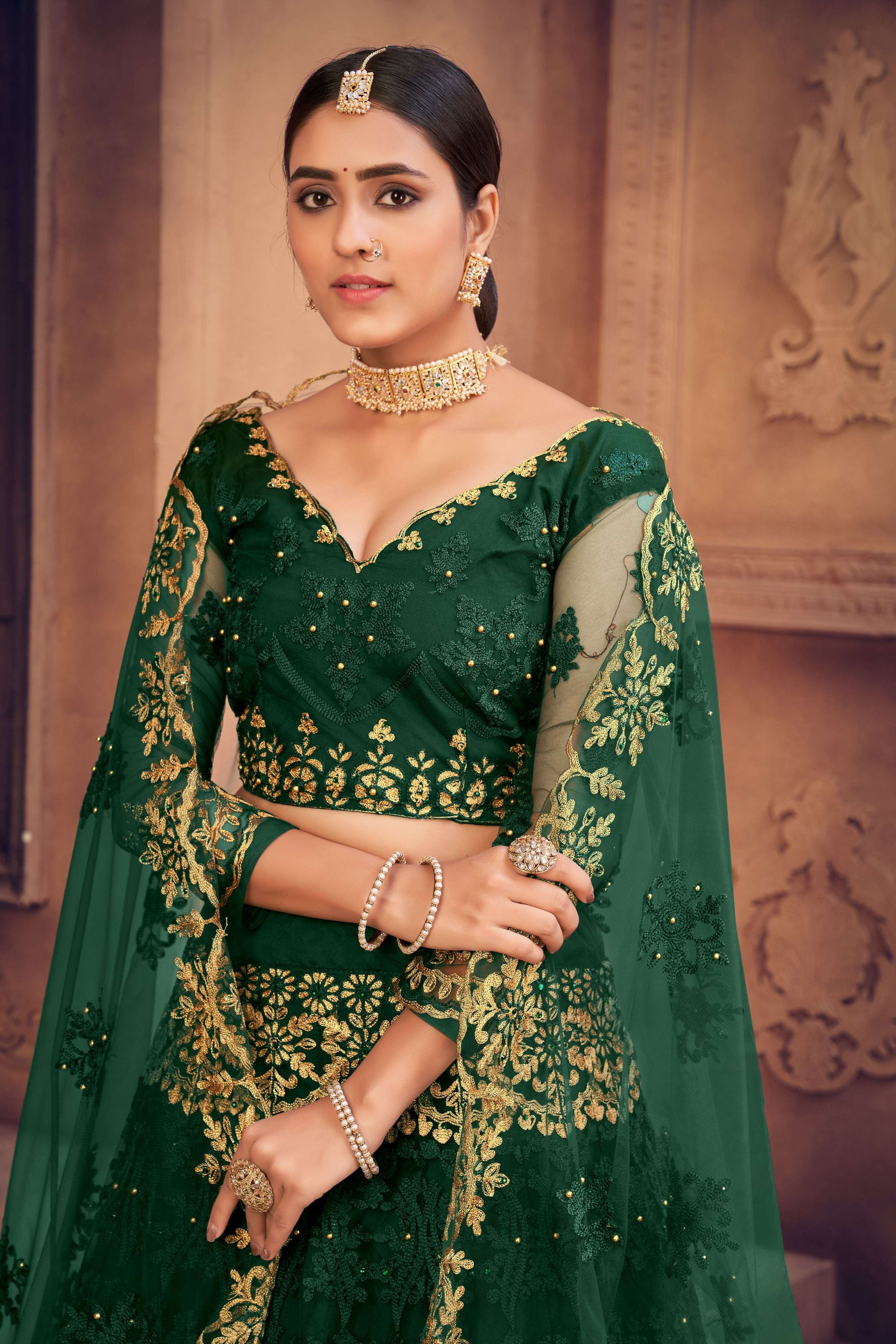 Jyoti Fashion Women's Dark Green Net Thread Embroidered Designer Lehenga Choli Set - Distacart